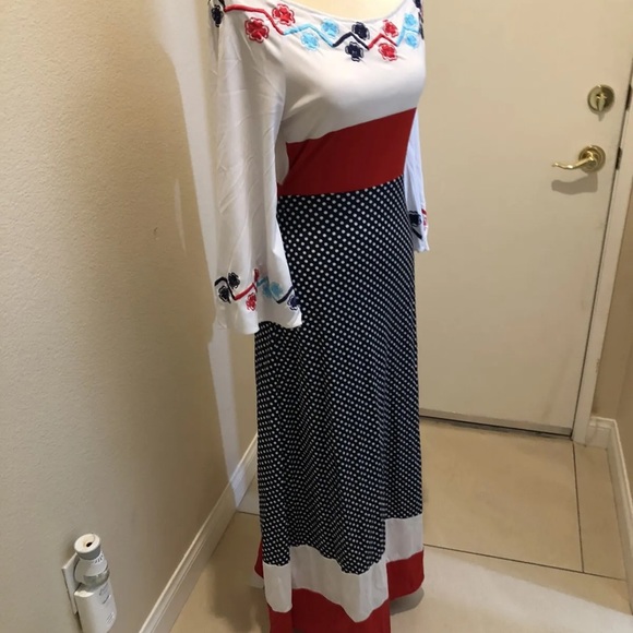Vintage Long Sleeve Off Shoulder Maxi Dress Embroidered RWB polka dots S/M - Picture 2 of 5